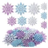 Sumind 48 Pieces Christmas Snowflake Ornaments 3 Sized 2, 3, 4 Inches Plastic Glittered Snowflakes Hanging Tree Decoration Winter Window Ornament for Party(Silver, Blue, Purple)
