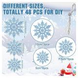 Sumind 48 Pieces Christmas Snowflake Ornaments 3 Sized 2, 3, 4 Inches Plastic Glittered Snowflakes Hanging Tree Decoration Winter Window Ornament for Party(Silver, Blue, Purple)