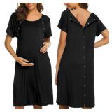 Ekouaer Womens Nightgown Nightshirt Birthing Gown O Neck Nursing Short Sleep Dress, Black, XX-Large