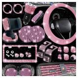 NBTEPEM 27 PCs Pink Bling Car Accessories Set for Women, Bling Steering Wheel Covers Universal Fit 15 Inch, Bling License Plate Frame, Bling Phone Holder, Bling Car Coasters (Pink Diamond)