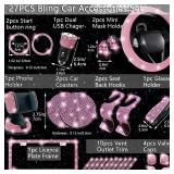 NBTEPEM 27 PCs Pink Bling Car Accessories Set for Women, Bling Steering Wheel Covers Universal Fit 15 Inch, Bling License Plate Frame, Bling Phone Holder, Bling Car Coasters (Pink Diamond)