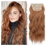 FESHFEN Clip in Hair Extensions - 4 PCS Long Wavy Auburn Brown Thick Clip in Hairpieces Full Head Synthetic Hair Extension for Women, 20 Inch