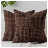 DEZENE Patchwork Throw Pillow Covers Set of 2 Striped Soft Corduroy Square Decorative Couch Pillow Cases Boho Accent Farmhouse Home Decor for Bed Sofa Living Room, Brown, 18x18-Inch