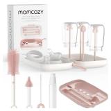 Momcozy Bottle Brush Set - Baby Bottle Cleaner Kit with Silicone Brush, Nipple Brush, Straw Brush, Soap Dispenser, Drying Rack - 7 in 1 Bottle Cleaning Tool for Home and Travel, Pink