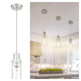 Emak Cylinder Pendant Lights Kitchen Island, Modern Brushed Nickel Pendant Light with Clear Glass Shade, 1 Light Pendant Lighting for Kitchen, Bedroom, Bathroom, PL120-BN