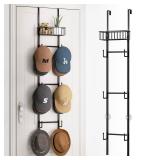 HapiRm Over Door Hat Rack - Wall Mounted Hat Holder with 6 Hooks and Metal Basket Design, Baseball Cap Organizer Storage Up to 32 Caps for Door, Bedroom, Closet (Black)