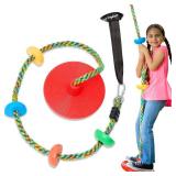 Jungle Gym Kingdom Tree Swing for Kids - Single Disc Seat and Rainbow Climbing Rope Set w/Carabiner and 4 Foot Strap - Treehouse and Outdoor Playground Accessories - Red
