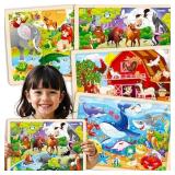 QUOKKA 4 SET Puzzles for Kids Ages 4-6 - 24 Pcs Wooden Toddler Puzzles Ages 3-5 - Africa Ocean Animals Farm Learning Games for Boys and Girls 4-8 Year Olds