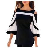 Women Blouses and Tops Black White Colorblock Bell Sleeve Cold Shoulder Top Shirt XL
