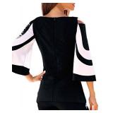 Women Blouses and Tops Black White Colorblock Bell Sleeve Cold Shoulder Top Shirt XL