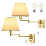 TRLIFE Wall Sconce Plug in, Brushed Brass Dimmable Wall Sconces Set of 2 Swing Arm Wall Lights with Plug in Cord and Dimmer On/Off Knob Switch, 9.4' Medium White Fabric Shade(2 LED Bulbs Included)
