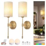 Battery Operated Wall Sconces Set of Two, Rechargeable Wireless Wall Lights with Remote, Gold Electroplating, Dimmable, RGB 15 Colors, Ideal for Bedroom, Living Room, 2 Pack