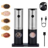 CAISIMIKI Electric Salt and Pepper Grinder Set Rechargeable Automatic Pepper Mill Grinder Stainless Steel Kitchen Gadgets Adjustable Coarseness Shakers, One Hand Operation, 2 Pack