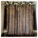 Fomcet Black Tulle Backdrop Curtains with Lights String 10FT X 8FT Sheer Curtain with Lights Tulle Curtains Backdrop for Wedding Birthday Party Baby Shower Photo Shoot (2 Panels 5x8FT)