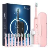 Rtauys M5 Sonic Electric Toothbrush for Adults and Kids - Rechargeable Electric Toothbrush Kids Ages 12+ and Adults with 8 Brush Heads & Travel Case, 120 Days Battery Life - Pink