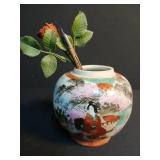 Japanese Hand-Painted Porcelain Ginger Jar With Antique Faux Flower and Ink Pen Japanese Hand-Painted Porcelain Ginger Jar With Antique Faux Flower and Ink Pen