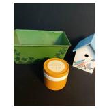Metal Flower Box, Yellow Thermos, and Bird House Metal Flower Box, Yellow Thermos, and Bird House