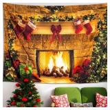 4.9X6.5ft Christmas Fireplace Wall Tapestry, Christmas Tree with Stocking Decor Xmas Wall Art for Living Room