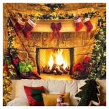 4.9X6.5ft Christmas Fireplace Wall Tapestry, Christmas Tree with Stocking Decor Xmas Wall Art for Living Room