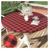 Smiry Round Picnic Tablecloth, Elastic Waterproof Fitted Vinyl Tablecloths for 36\"-44\" Tables, Flannel Backed Buffalo Plaid Table Cover for Dining, Camping, Outdoor, Black and Red - Retail: $23