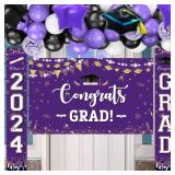 Purple and Gold Graduation Decorations 2024 - Congrats Grad Backdrop, Class of 2024 Porch Sign Banner for High School College Prom Party Supplies