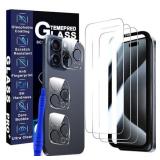 JCJCLY [3+3+1 Pack for iPhone 15 Pro [6.1 Inch] Screen Protector Tempered Glass, 3 Screen Protectors, 3 Camera Lens Protectors, 1 Easy Mounting Frame, 9H Hardness, High Clarity, Case Friendly
