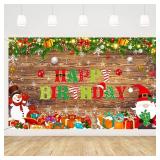 MEHOFOND Christmas Happy Birthday Banner, Merry Xmas Birthday Party Decorations, Rustic Wooden Happy Birthday Banner Winter Party Decorations Photography Background 5.9x3.6ft