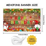 MEHOFOND Christmas Happy Birthday Banner, Merry Xmas Birthday Party Decorations, Rustic Wooden Happy Birthday Banner Winter Party Decorations Photography Background 5.9x3.6ft