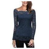 DJT Womens Sexy Off The Shoulder Tops Vintage Lace Floral Long Sleeve Slim Fit Party Tops T-Shirts Size 8 - Retail: $25