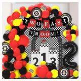 Race Car Birthday Party Decorations - Checkered Foil Balloons, Banner Backdrop, Flag, Includes Two Fast Birthday Party Supplies - Retail: $17