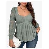 AlvaQ Womens Plus Size Tops Casual Lace Long Sleeve Sweetheart Neck Peplum Ruched Babydoll Shirts Blouse - Green XL - Retail: $24