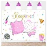 Mocsicka Sleepover Party Backdrop Sleepover Pajamas Pillow Fight Pink Girl Party Decorations Slumber Party Banner Photography Background Cake Table Studio Props (7x5ft) - Retail: $19