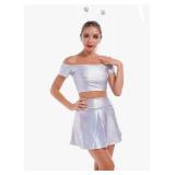 Women Alien Costume Metallic Crop Top Shirt + Holographic Mini Skirt + Martian Headband Rave Outfits Halloween Cosplay XL - Retail: $14