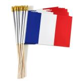 QQSD France Small Flag French Stick Mini Hand Held Flags - Solid Wooden Pole with Spear Top, 12 Pack