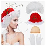 Shinymoon 6 Pcs Christmas Old Lady Costume for Women Includes Red Bonnet Grandma Wig with Hair Net White Gloves Wire Rim Granny Glasses Pearl Necklace for Cosplay Party - Retail: $12