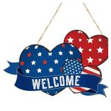 Independent Day Decoration Irregular Shape Door Sign âWELCOMEâ Hanging Door Decor Wooden Heart Design Sign Door Hanger for Outdoor Farmhouse Porch Front Door, Red White and Blue Decorations 