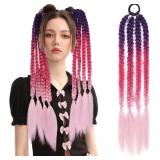 LONAI Colored Hair Extensions, 24â Colored Ponytail Extension for Women Girl Braided Ponytail Extension with Rubber Bands Lightweight Tinsel Colorful Synthetic Hairpiecesï¼Dark Purple/Pink/Li