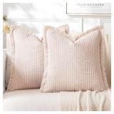 MIULEE Pack of 2 Pink Pillow Covers 20x20 Inch Striped Farmhouse Couch Spring Throw Pillow Covers with Fringe Chic Cotton Decorative Cushion Covers for Sofa Living Room Bed Outdoor Home Decor