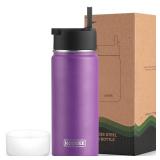 koodee Water Bottle 16 oz Stainless Steel Double Wall Vacuum Insulated Water Bottle for Kids School -Wide Mouth Sports Metal Water Flask for Girls(Purple)