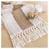 Fexia Boho Table Runner for Home Decor with Tassels 90 Inch Cream & Brown Macrame Runner for Dining & Bedroom Baby Bridal Shower Decor(12x90 Inches)