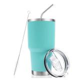 Toopify 30 oz Stainless Steel Insulated Tumbler Travel Mug with Straw Slider Lid, Cleaning Brush, Double Wall Vacuum (30 Mint)