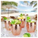 Amrules Moscow Mule Mugs Set of 4, 16 OZ Hammered Copper Cups with 304 Stainless Steel Lining and Gold Brass Handles, for Cold Drinks, Beer, Wine, Bars, Parties