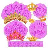 Crown Fondant Silicone Molds, 3D Princess Crown Chocolate Molds, Crown Shaped Lace Cake Border Decorating Baking Molds for Wedding Birthday Cupcake Topper Candy Gum Clay Resin DIY Craft Set of 5 (1 mo