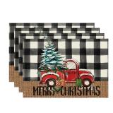 Artoid Mode Buffalo Plaid Truck Merry Christmas Placemats Set of 4, 12x18 Inch Xmas Tree Winter Table Mats for Party Kitchen Dining Decoration
