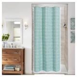 MitoVilla Teal Blue 36 x 72 Boho Small Stall Shower Curtain, Turquoise Narrow Cotton Linen Fabric Shower Curtains for Farmhouse Bathroom Decor, Half Size Cloth Shower Curtain Set with Hooks