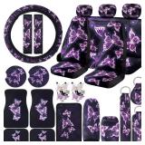 Frienda 24 PCS Butterfly Car Accessories Car Seat Covers Full Set Floor Mats Steering Wheel Cover Seat Belt Pads Center Console Pad Cup Holders for Women(Purple Butterfly Pattern)