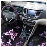 Frienda 24 PCS Butterfly Car Accessories Car Seat Covers Full Set Floor Mats Steering Wheel Cover Seat Belt Pads Center Console Pad Cup Holders for Women(Purple Butterfly Pattern)