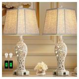 Reyokale Set of 2 Rustic Table Lamps for Living Room Bedroom, Farmhouse Vintage Nightstand Lamp with 2 USB Ports, Hollow Out Resin Lamp for End Table with Nightlight, Bulbs Included (Wash White). MISS