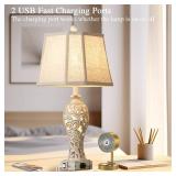 Reyokale Set of 2 Rustic Table Lamps for Living Room Bedroom, Farmhouse Vintage Nightstand Lamp with 2 USB Ports, Hollow Out Resin Lamp for End Table with Nightlight, Bulbs Included (Wash White). MISS