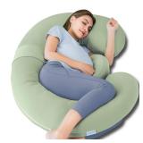 QUEEN ROSE Cooling Pregnancy Pillows - E Shaped Pregnancy Pillows for Sleeping, Detachable Body Pillow for Pregnant Side Sleeper, Cooling Silky Cotton Cover, Sage Green